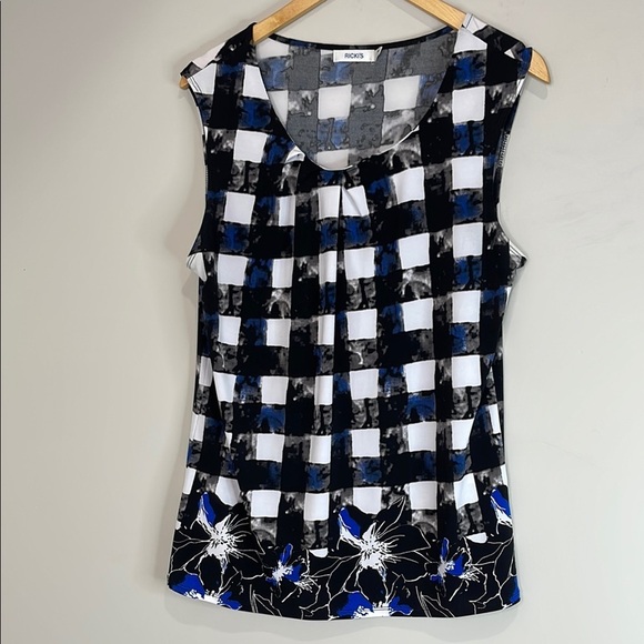 Ricki's Sleeveless Box Pleated Blouse Marble Black White Blue Checkered Size M - Picture 10 of 10
